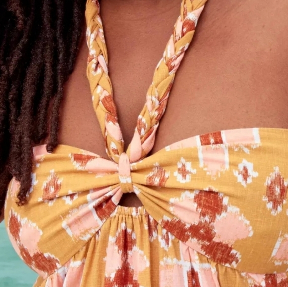 Aerie Linen Blend High Low Halter Maxi Sundress Size Large Yellow,Pink & Red - Picture 3 of 16